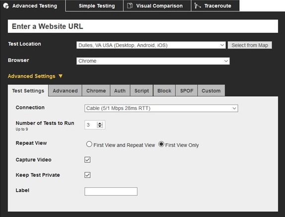 Advanced Settings in WebPagetest