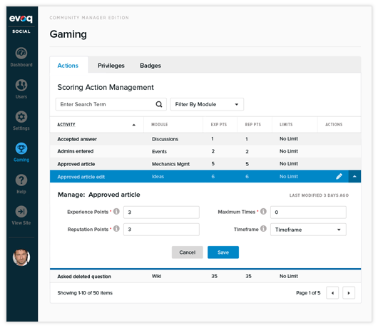 Evoq's gamification dashboard