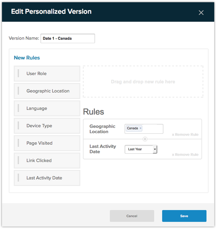 Personalization rules in Evoq