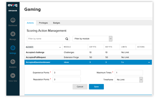 Evoq gamification: scoring action management